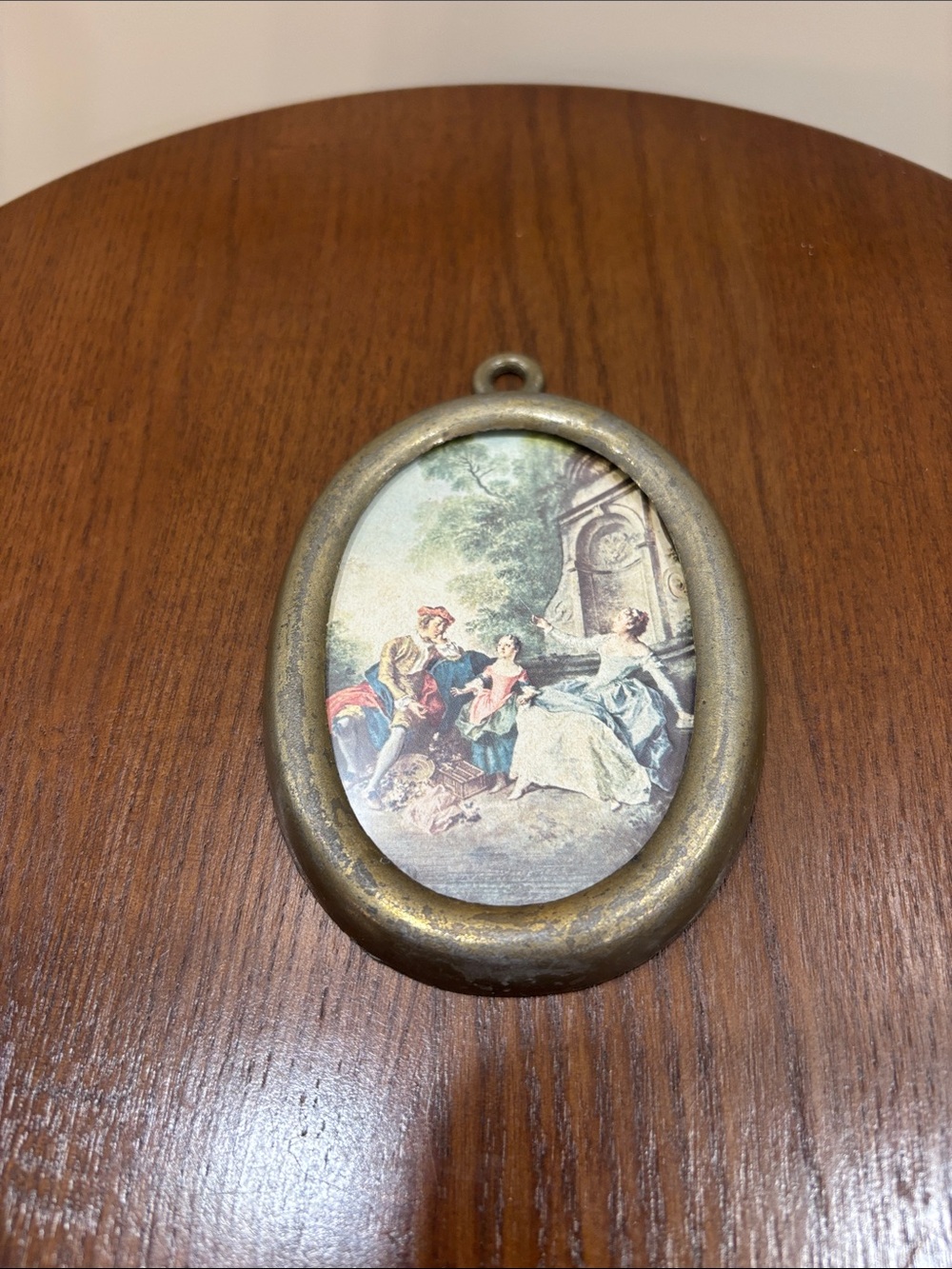 Antique-Style Brass Oval Wall Plaque with Pastoral Print - Bronze Finish